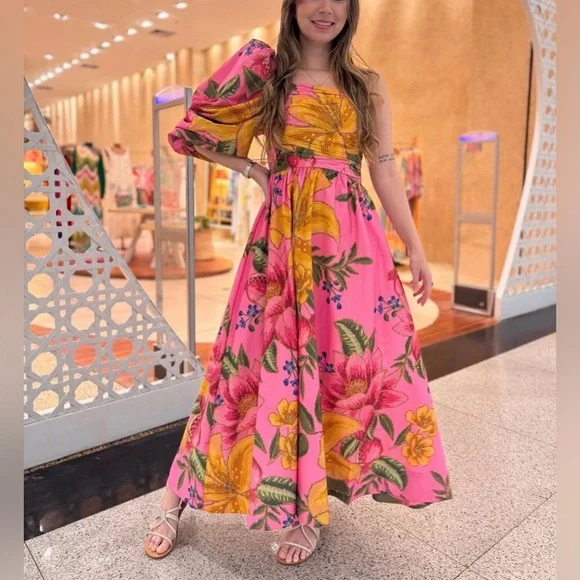 SOLD - FARM Rio One Shoulder Pink Floral Dress Size M - Picture 2 of 8